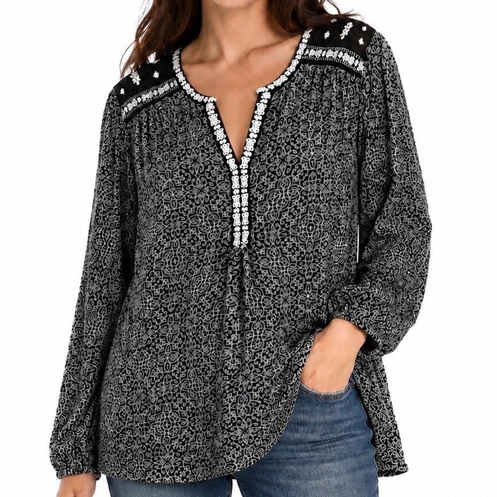 Lucky Brand Womens 1X Black White Embroidered Boho Peasant Top Geometric Print